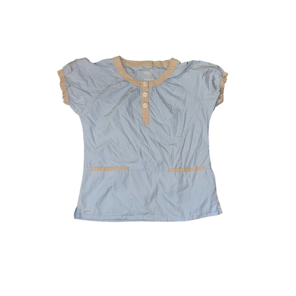 Iguana Med Womens Short Sleeve Button-Up Top S Blue & Beige